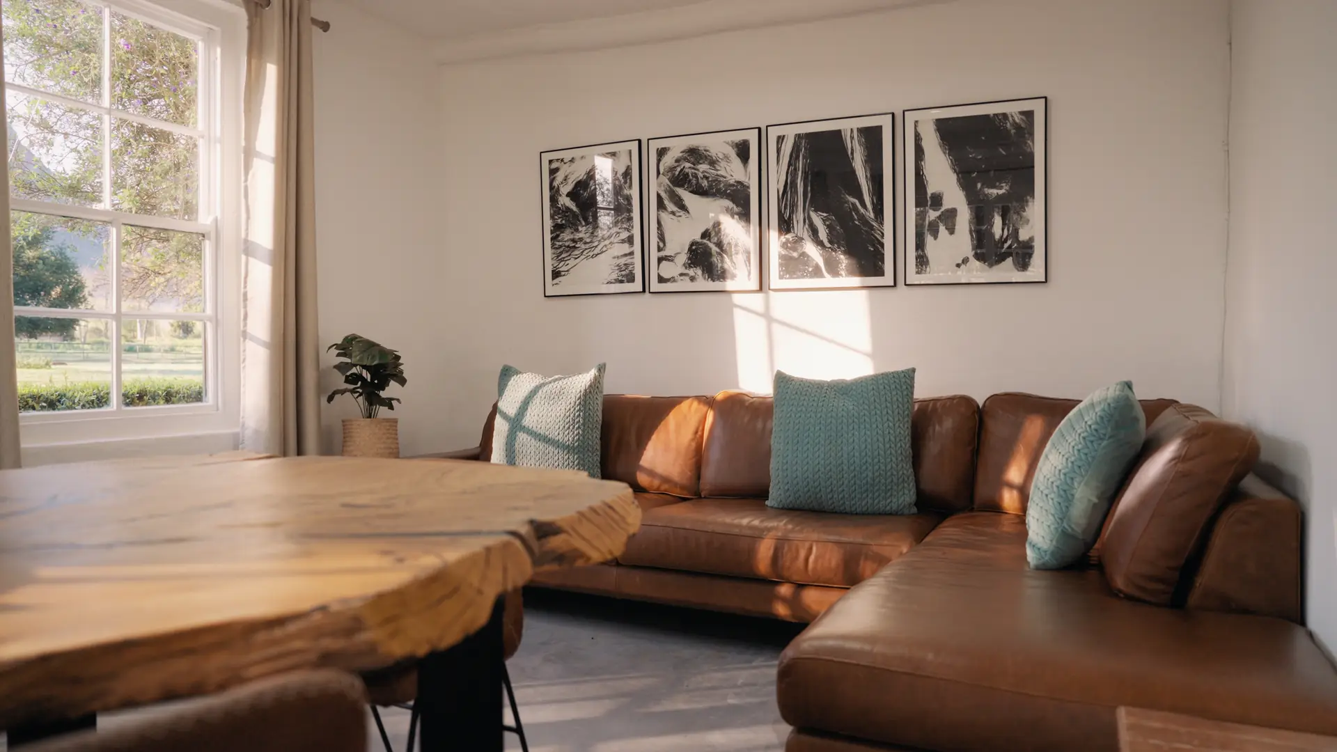 The cottage lounge at Banhoek Stud: a leather sofa beneath black-and-white equestrian prints
