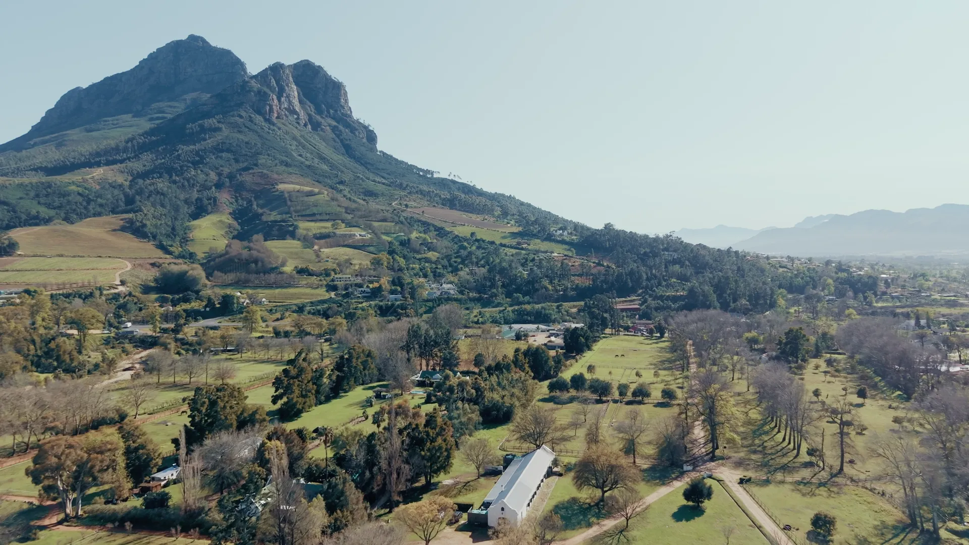 Aerial view of Banhoek Stud's paddocks and oak-lined lanes in the Banhoek Valley, mountains on every side